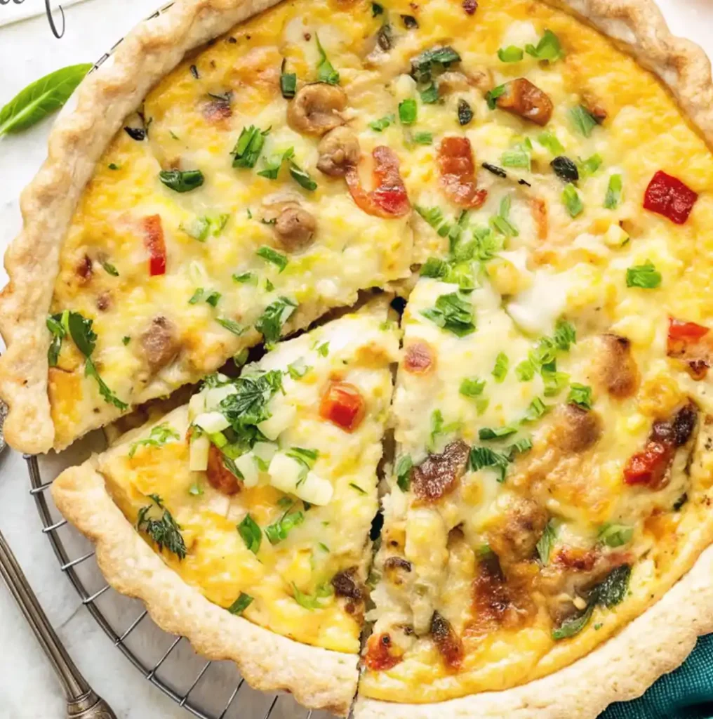 sausage quiche recipe, showing its crispy crust rich with feta cheese and its delicious filling of eggs, crumbled sausage, red pepper and green onion. Placed on a wire rack.