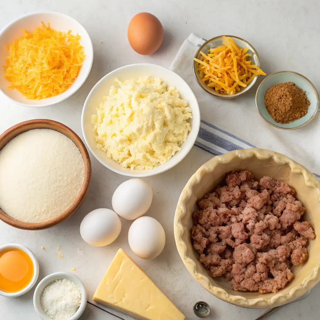 Overhead view of all quiche ingredients: bowls of flour, shredded cheese, eggs, seasonings, and a pie crust filled with raw sausage.