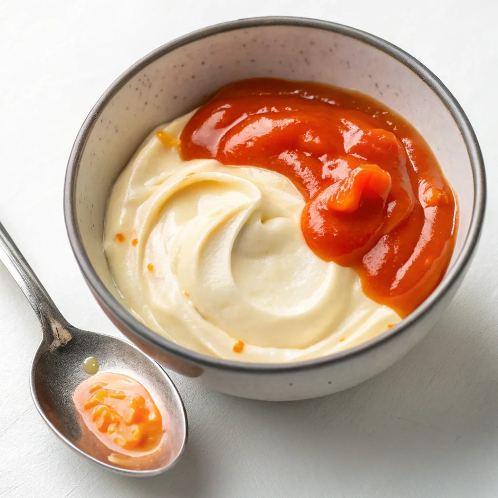 Gros plan sur un petit bol tacheté contenant de la mayonnaise et de la sauce sriracha