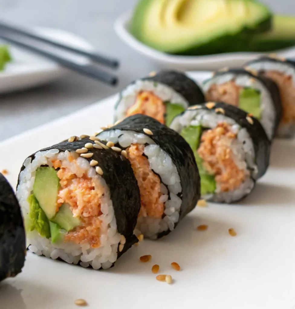 Rouleau de crevettes épicées prêt à manger, coupé en morceaux, présenté sur une assiette blanche. Il contient du riz blanc et une garniture composée d'une salade de crevettes épicée et de morceaux d'avocat vert. Et du concombre.