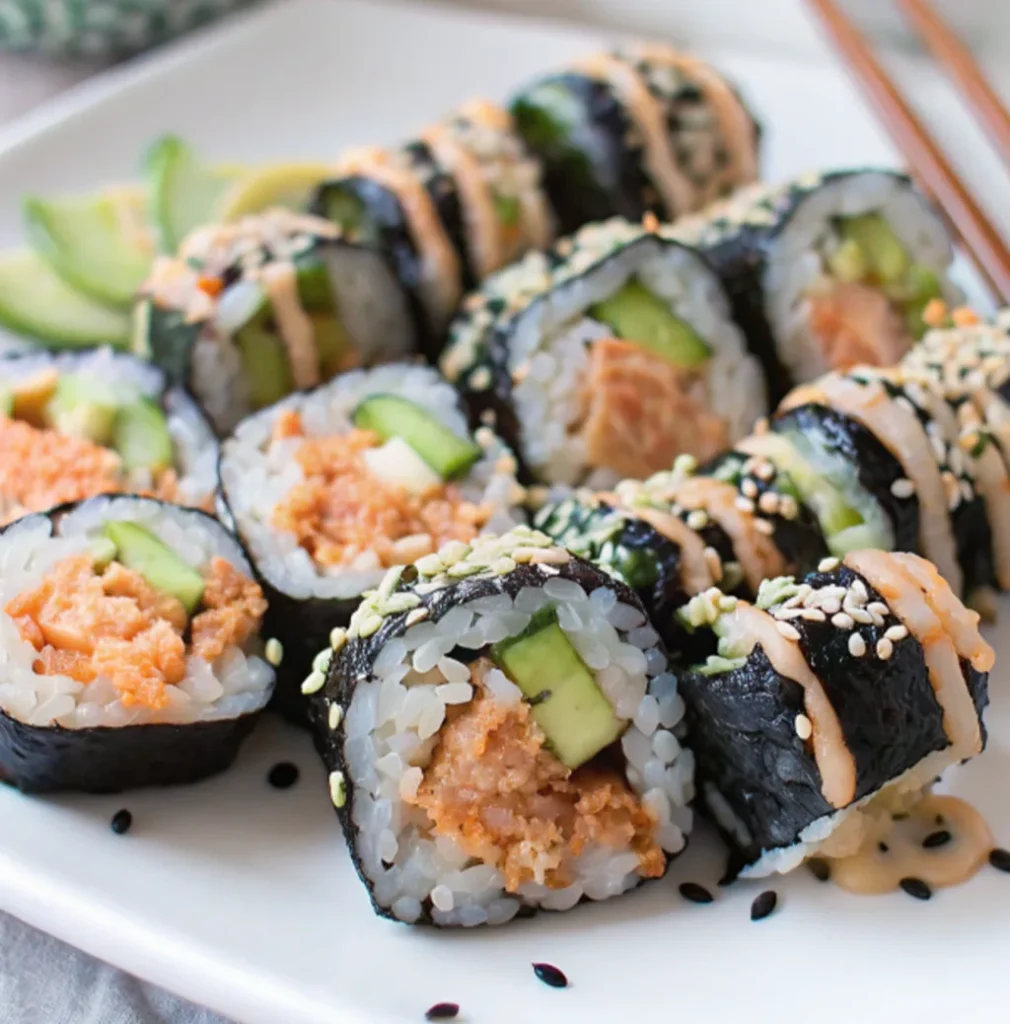 A large white plate holds several slices of Spicy Shrimp Roll cut into half-inch pieces. The filling consists of small pieces of spicy orange shrimp, green cucumber, and avocado. Some rolls are topped with spicy mayonnaise sauce and sesame seeds, with chopsticks placed in the corner.