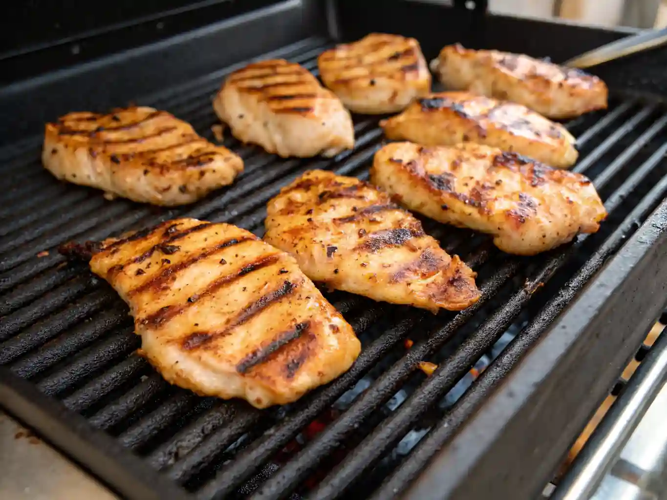 Grilled chicken nuggets cooking until golden brown on a stovetop