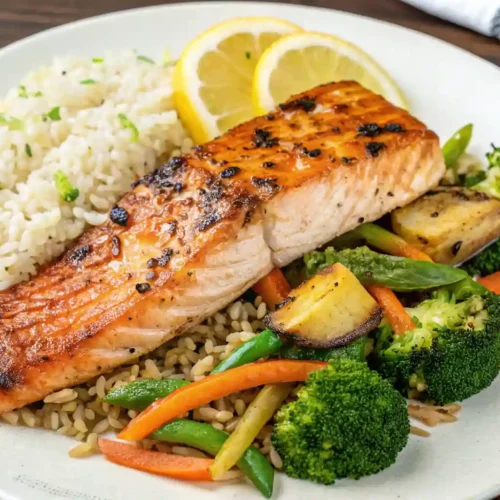 Grilled Hibachi Salmon served with white rice, stir-fried vegetables, and lemon slices on a white plate
