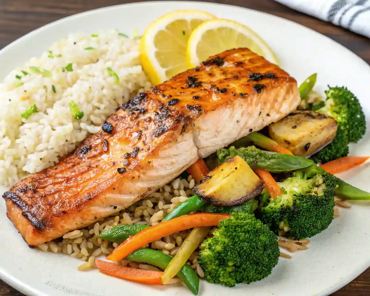 Grilled Hibachi Salmon served with white rice, stir-fried vegetables, and lemon slices on a white plate