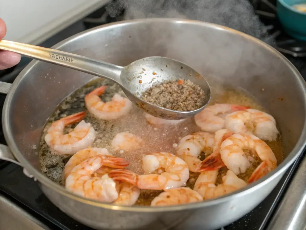 Close-up of a stainless steel pan on a stove with pink-and-white, curled shrimp sizzling in liquid. A spoonful of brown spices is being added to the shrimp.