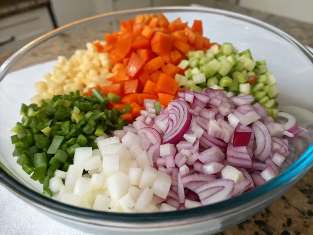 A clear glass bowl is filled with a colorful mix of finely diced vegetables, including carrots, celery, yellow corn, green onions/peppers, white onion, and red onion.