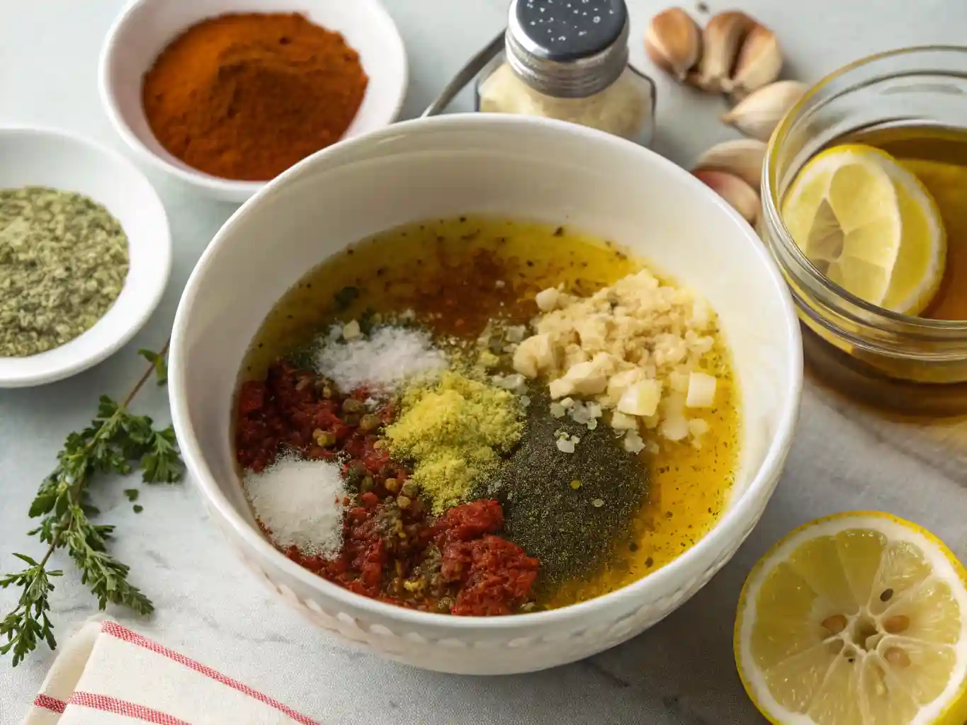Ingredients for Chick fil A Grilled Nuggets marinade combined in a glass bowl