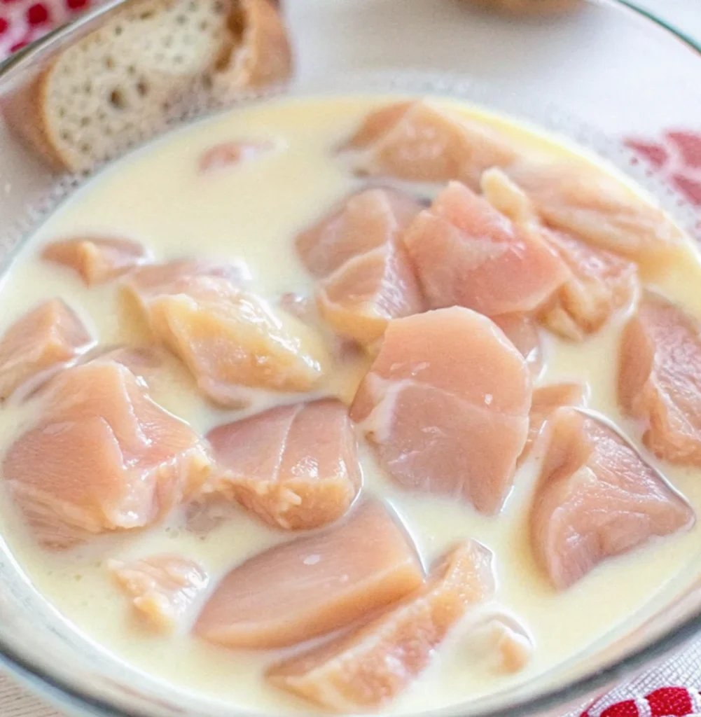 Raw chicken breasts marinated in sauce in a clear glass bowl,