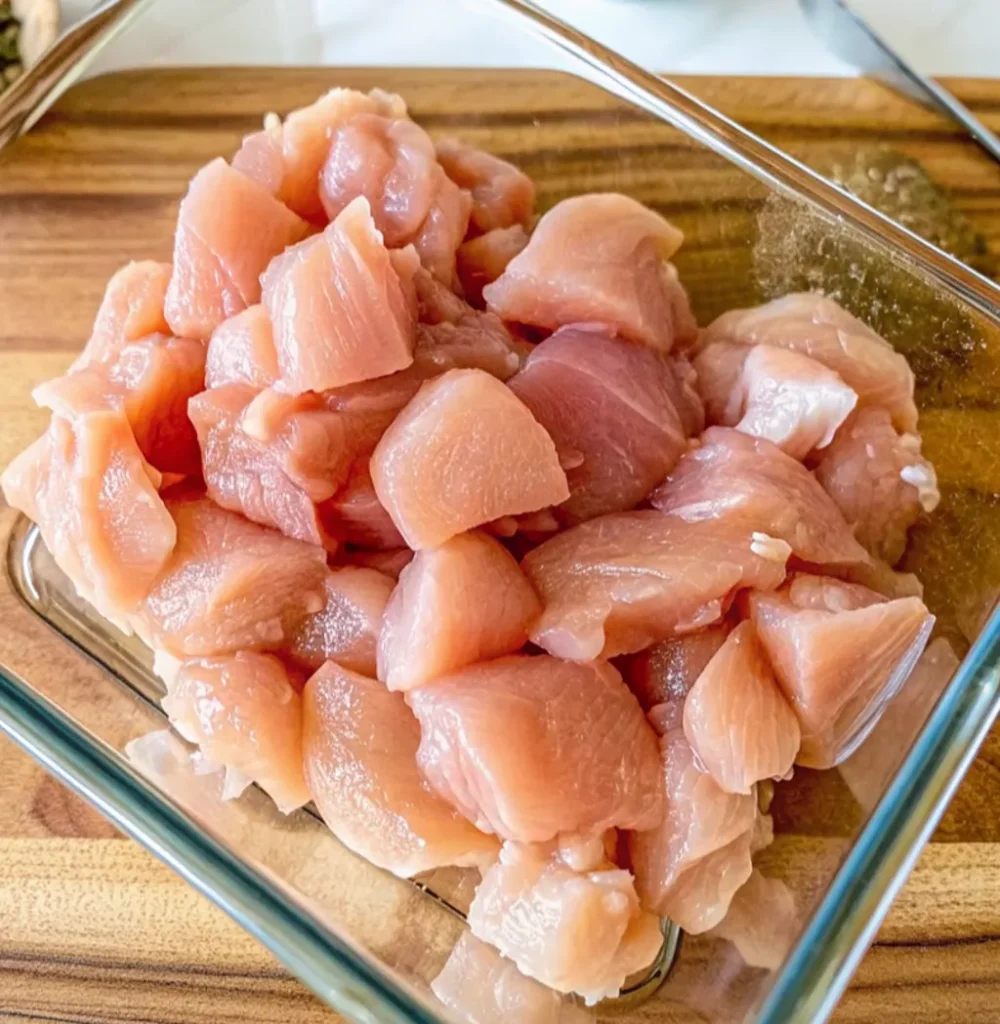 cubed chicken breast pieces are neatly arranged in a clear square glass bowl, resting on a wooden cutting.