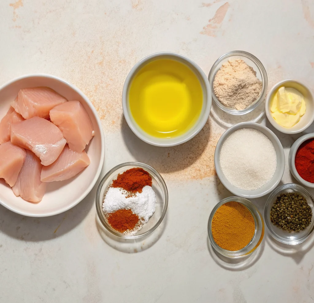 ingredients for Chick Fil A Grilled Nuggets Recipe, featuring a bowl of raw chicken pieces and several small glass bowls containing oil, spices paprika, cayenne, turmeric, black pepper, sugar, butter, and a light-colored powder garlic powder.
