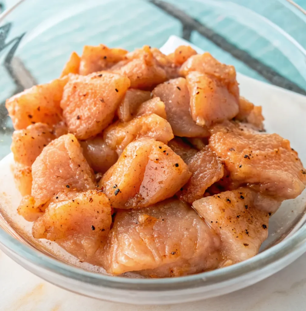 Chicken pieces mixed with spices, light orange in color, placed in a transparent glass bowl.