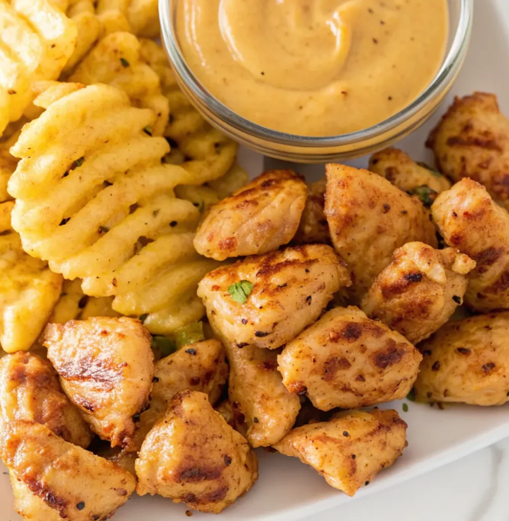 Close-up of Chick Fil A Grilled Nuggets Recipe plated with waffle-cut fries and a small bowl of creamy dipping sauce, resembling a fast-food meal.