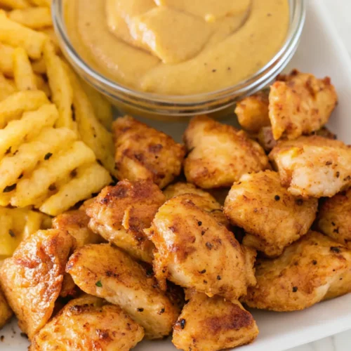 Close-up of Chick Fil A Grilled Nuggets Recipe plated with waffle-cut fries and a small bowl of creamy dipping sauce, resembling a fast-food meal.