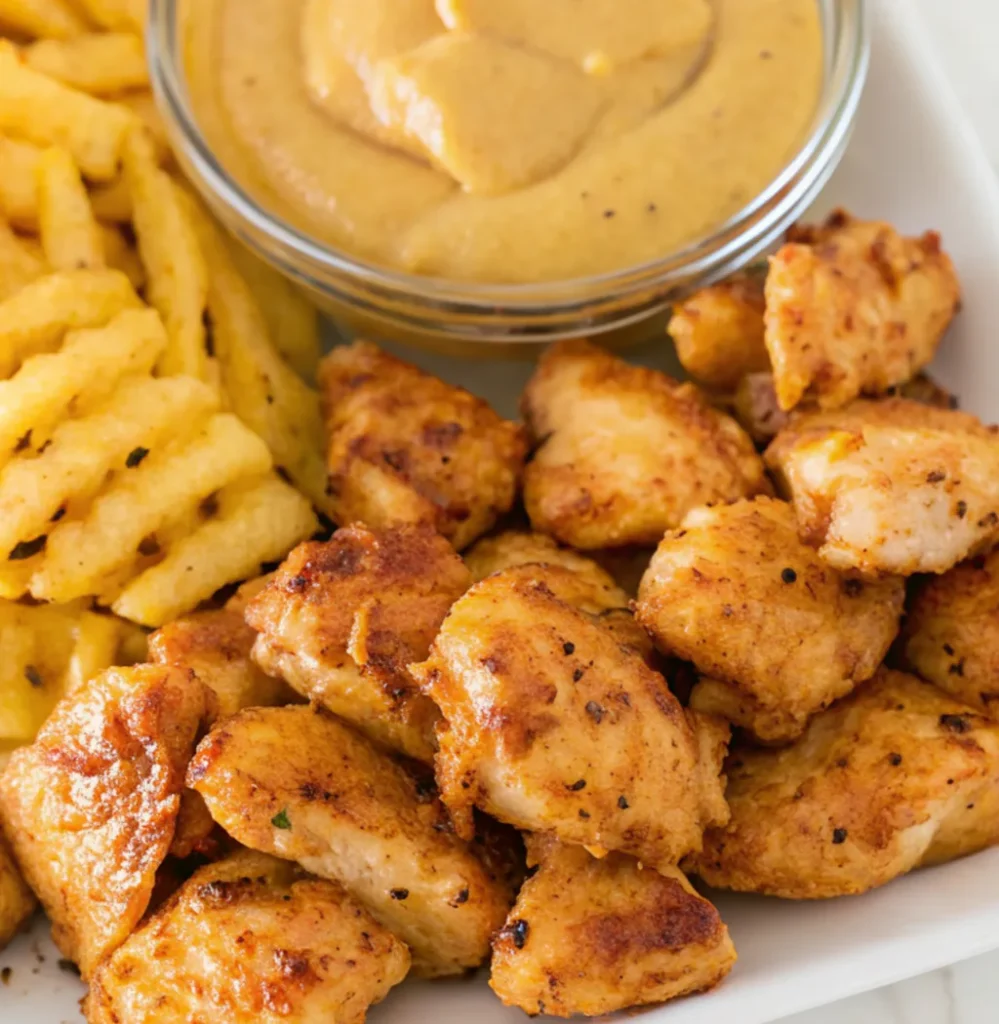 Close-up of Chick Fil A Grilled Nuggets Recipe plated with waffle-cut fries and a small bowl of creamy dipping sauce, resembling a fast-food meal.