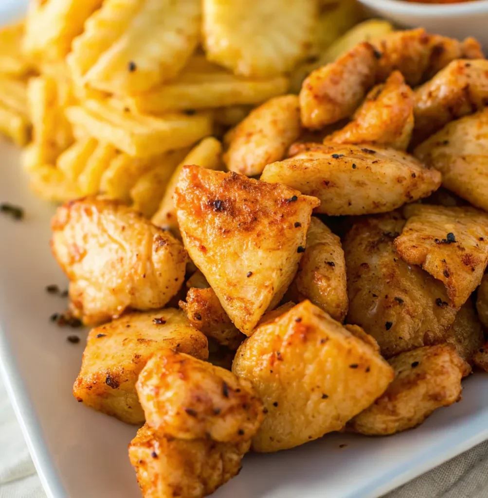 Close-up of Chick Fil A Grilled Nuggets Recipe plated with waffle-cut fries, resembling a fast-food meal.