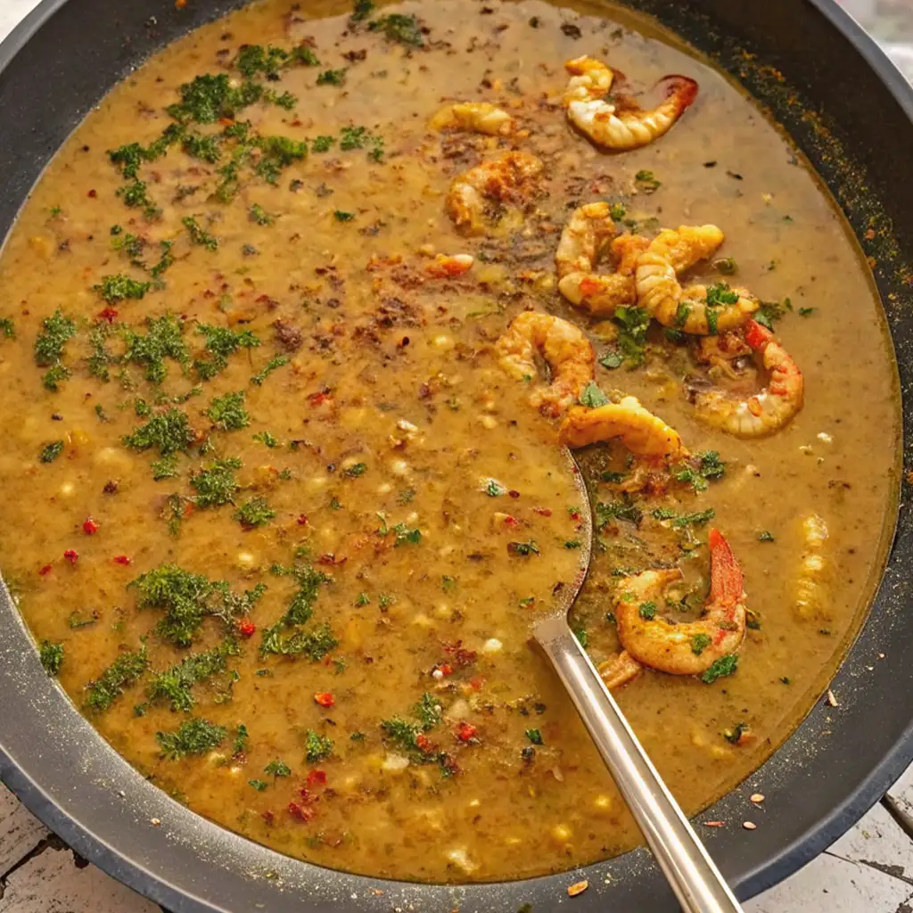 A dark, thick, rich golden brown étouffée contains several pieces of crawfish and is garnished with finely chopped green herbs, parsley, and spices in a large black skillet.