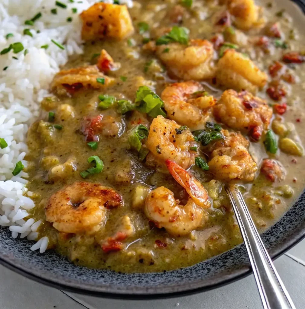 A savory bowl of golden-green Crawfish Étouffée Recipe featuring several cooked crawfish mixed with bell peppers and onion pieces, served over a bed of fluffy white rice, garnished with parsley and chives, alongside.