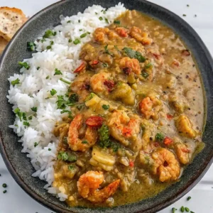 A savory bowl of golden-green Crawfish Étouffée Recipe featuring several cooked crawfish mixed with bell peppers and onion pieces, served over a bed of fluffy white rice, garnished with parsley and chives, alongside.