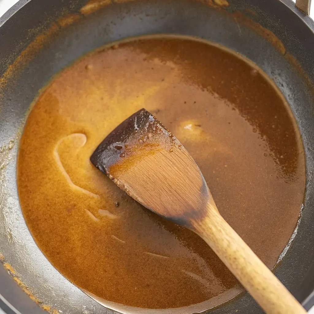 The butter and flour sauce is stirred in a pan with a wooden spoon, and it takes on a thick, smooth texture and a dark color.