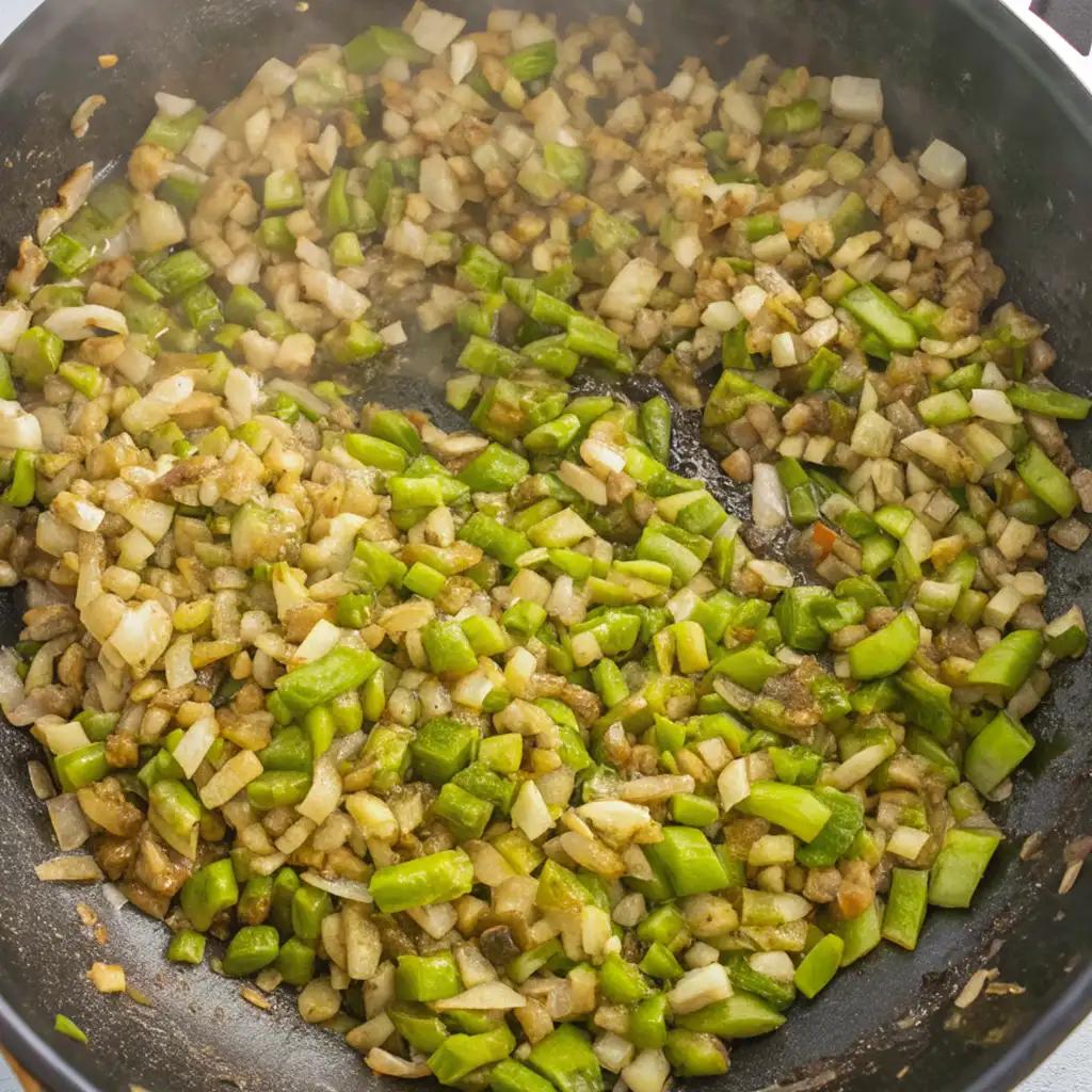 A close-up of finely diced green bell peppers and onions (the "holy trinity" base ingredients) being sautéed in a black skillet until softened, creating the aromatic foundation for the étouffée.