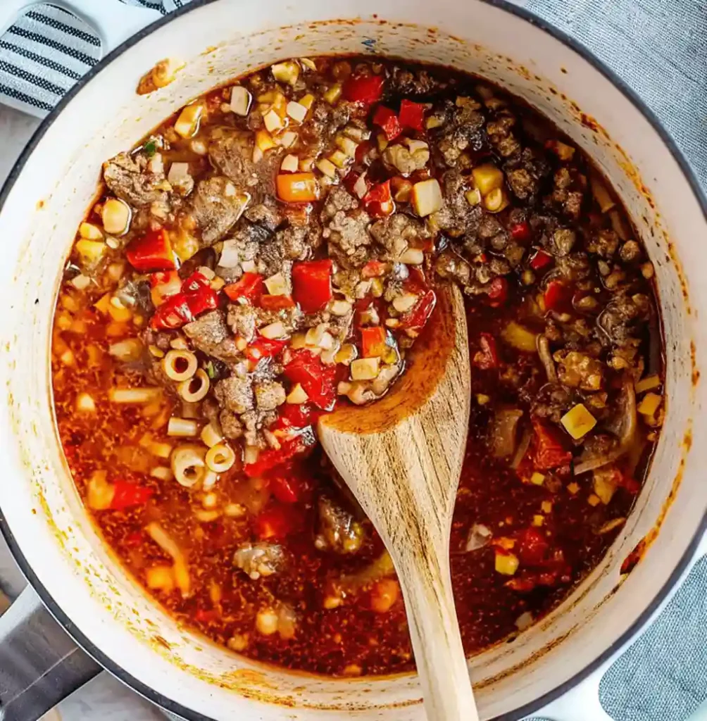 white cooking pot containing a rich, stew. The soup features crumbled sausage, diced red bell peppers, and small pasta pieces. A large wooden spoon is visible stirring the ingredients.