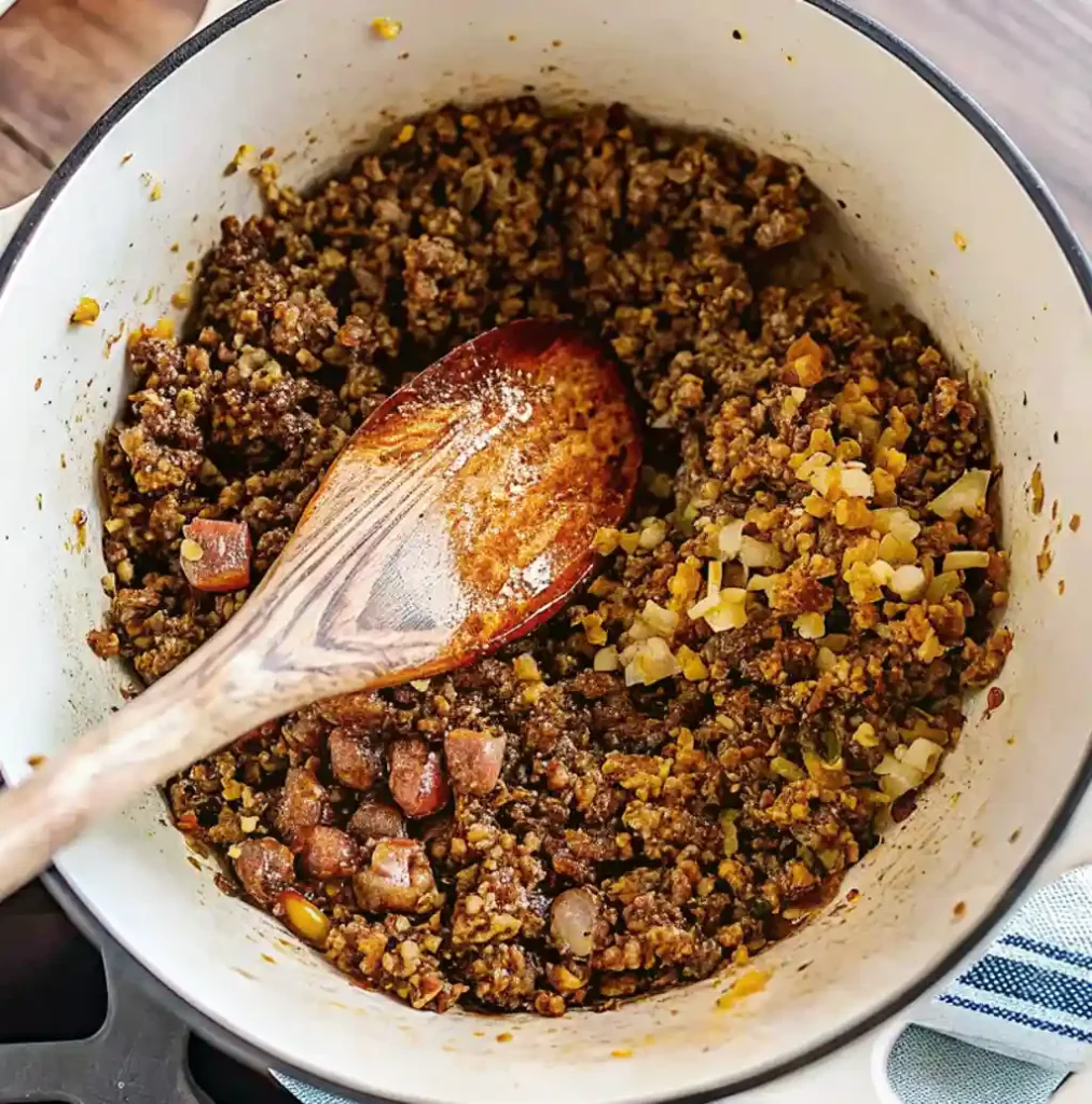 A close-up of a white Dutch oven shows browned, crumbled Italian sausage being cooked. A wooden spoon rests in the pot, stirring the sausage.