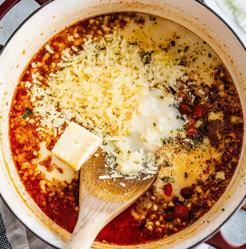 The pot shows the ingredients for Creamy Parmesan Italian Sausage Soup. A large piece of cream cheese, a spoonful of grated Parmesan cheese, and a little cream are stirred into the soup with a wooden spoon to make it creamy.