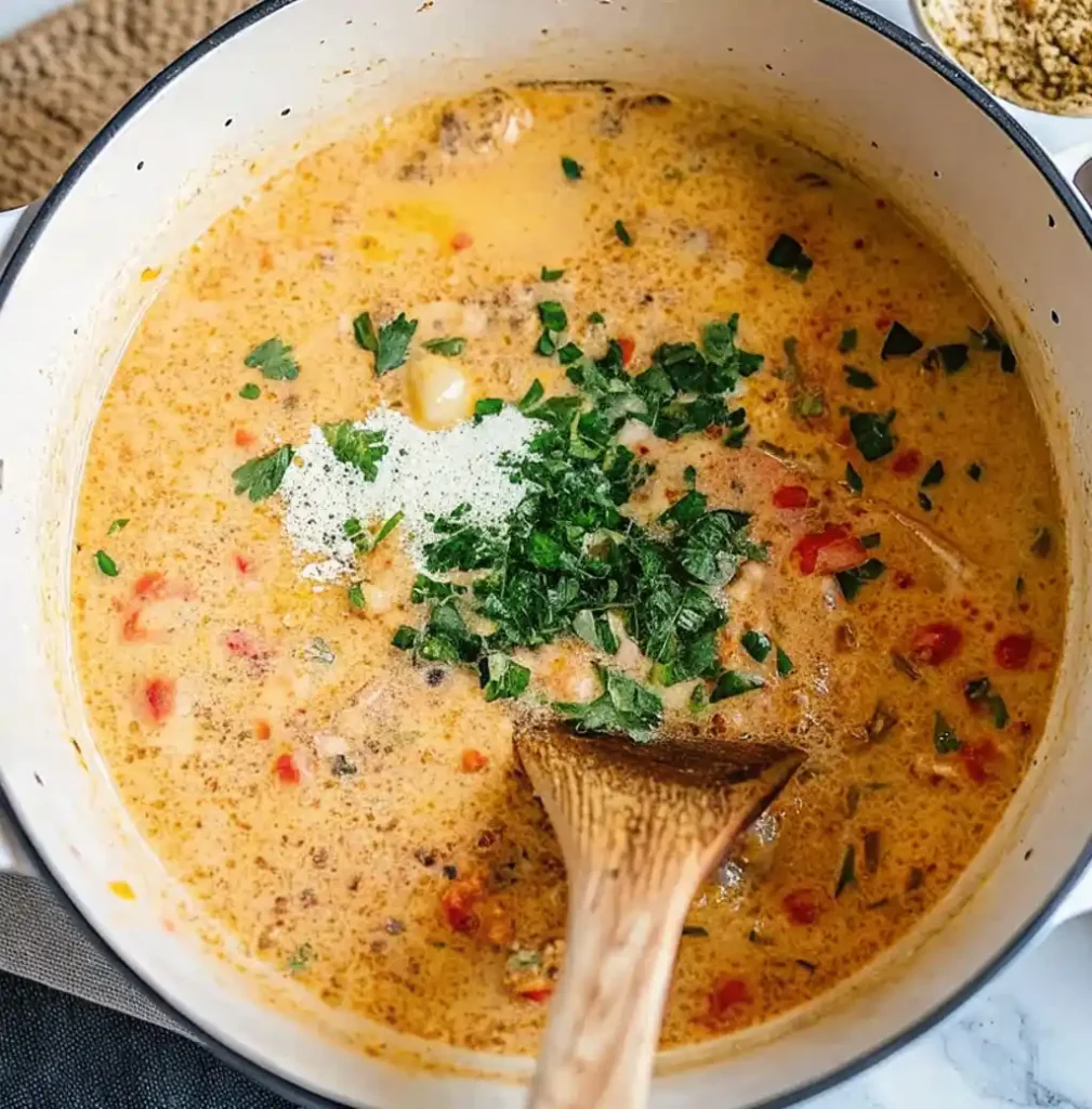 The pot shows the ingredients for Creamy Parmesan Italian Sausage Soup. Stir the mixture of cream cheese, grated Parmesan cheese, and a little cream into the soup with a wooden spoon to make it creamy. Add parsley.