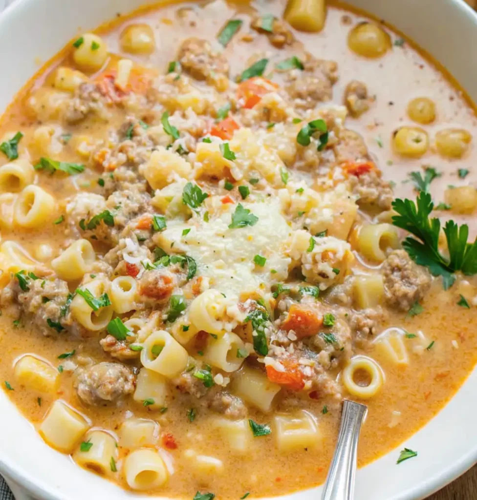 white bowl filled with Creamy Parmesan Italian Sausage Soup. The hearty soup is a rich, light orange color and contains crumbled sausage, ditalini pasta, chunks of vegetables, and is topped with fresh parsley and grated cheese.