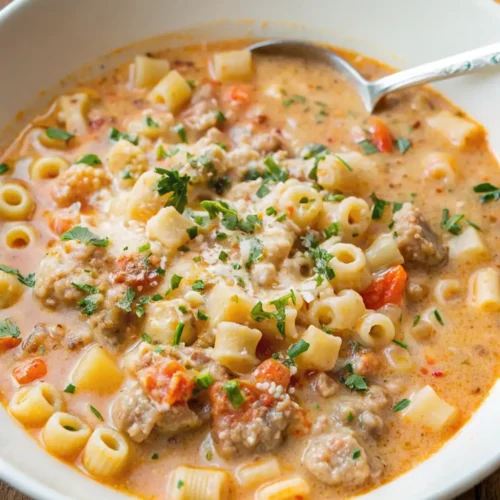 white bowl filled with Creamy Parmesan Italian Sausage Soup. The hearty soup is a rich, light orange color and contains crumbled sausage, ditalini pasta, chunks of vegetables, and is topped with fresh parsley and grated cheese.