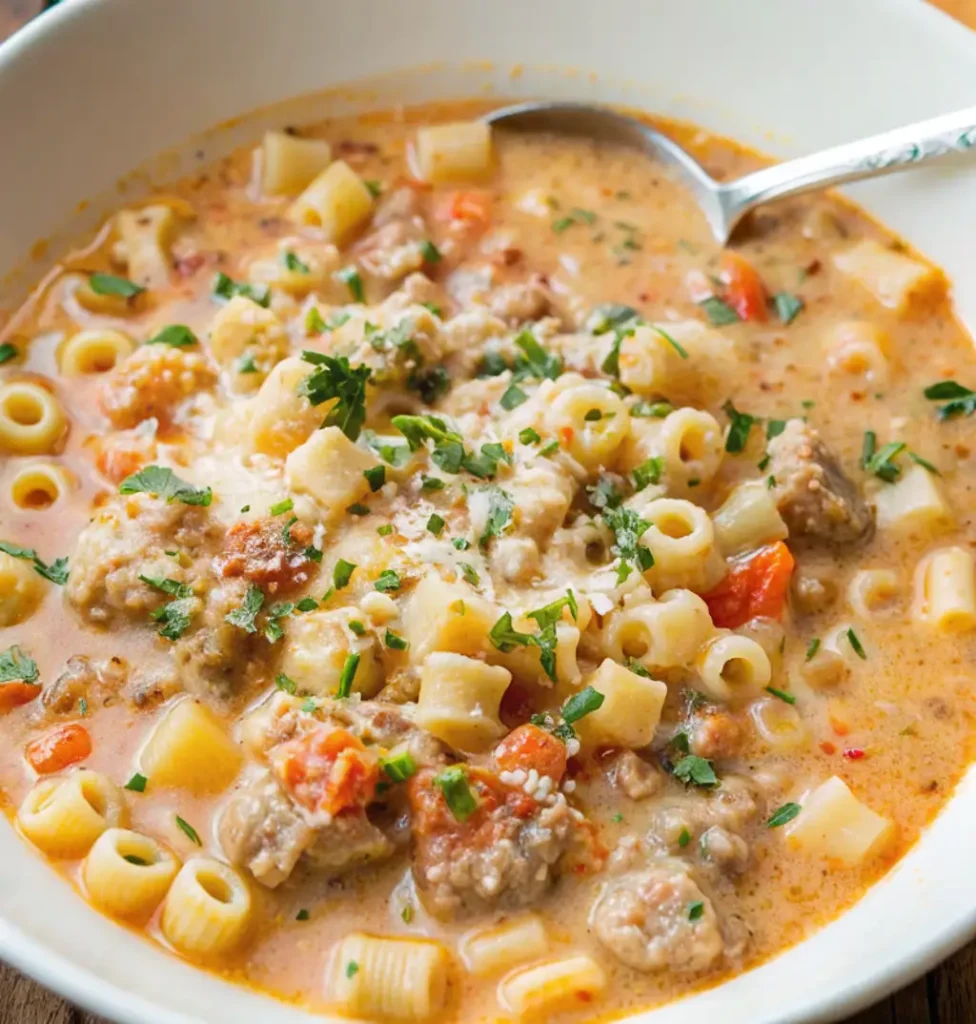 white bowl filled with Creamy Parmesan Italian Sausage Soup. The hearty soup is a rich, light orange color and contains crumbled sausage, ditalini pasta, chunks of vegetables, and is topped with fresh parsley and grated cheese.