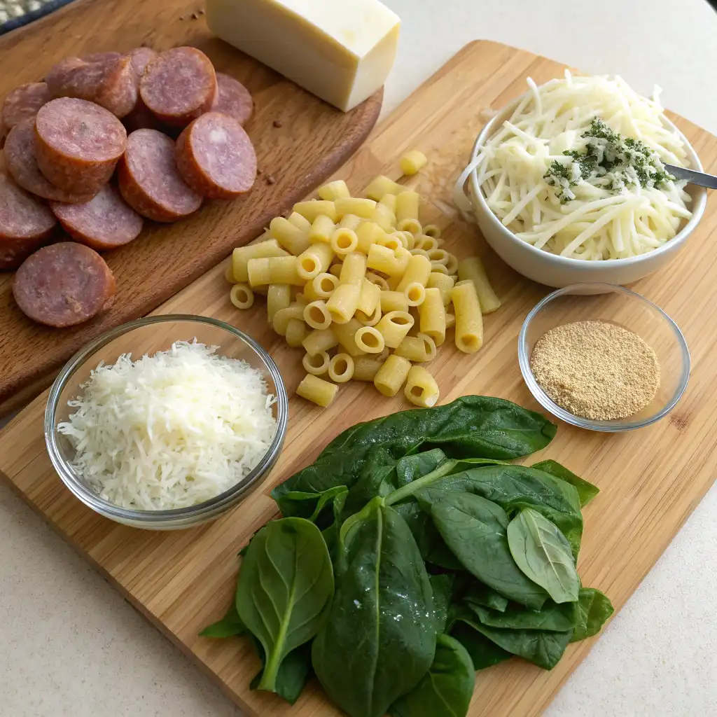 A photo of ingredients for Creamy Parmesan Italian Sausage Soup laid out on wooden cutting boards. Sliced Italian sausage, pasta ditali , a block of cheese, bowls of shredded and grated Parmesan cheese, spinach leaves, and seasoning mix are visible.