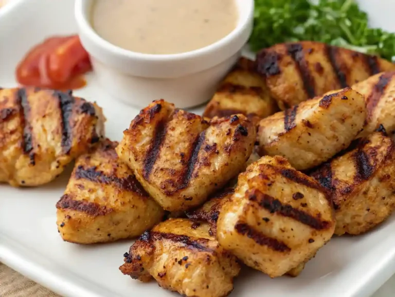 Juicy grilled chicken nuggets on a white plate with dipping sauce