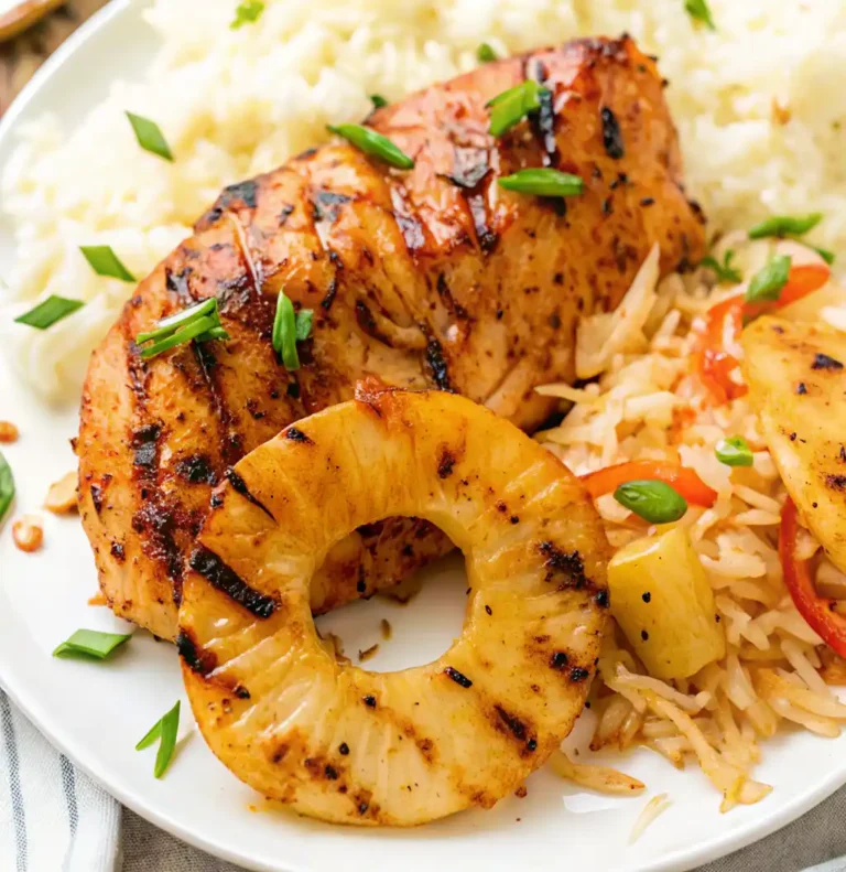 This plate features a serving of Hawaiian BBQ Chicken Recipe, showing a glossy, grilled chicken breast and a grilled pineapple ring. It's served with a scoop of fluffy white rice and a portion of pineapple fried rice, all garnished with chopped scallions.