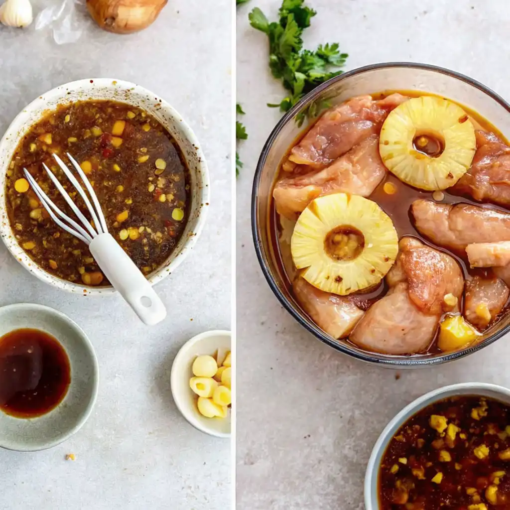 This two-panel image shows the marination process for Hawaiian BBQ Chicken Recipe. The left side shows a whisk in a bowl of dark, chunky sauce. The right side shows raw chicken pieces and pineapple rings soaking in the marinade.