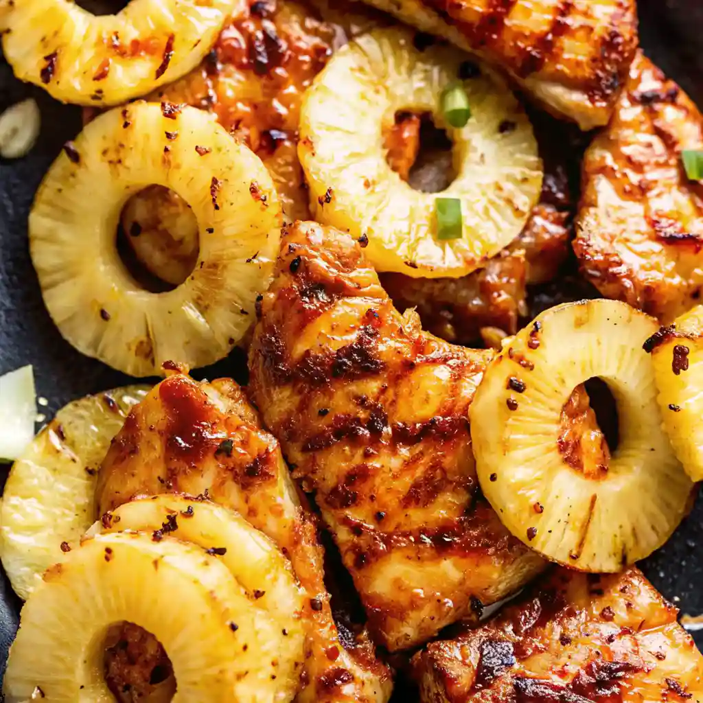 This close-up image shows a plate piled high with pieces of Hawaiian BBQ Chicken Recipe and grilled pineapple rings. Both the chicken and the fruit have a glossy glaze and prominent grill marks.