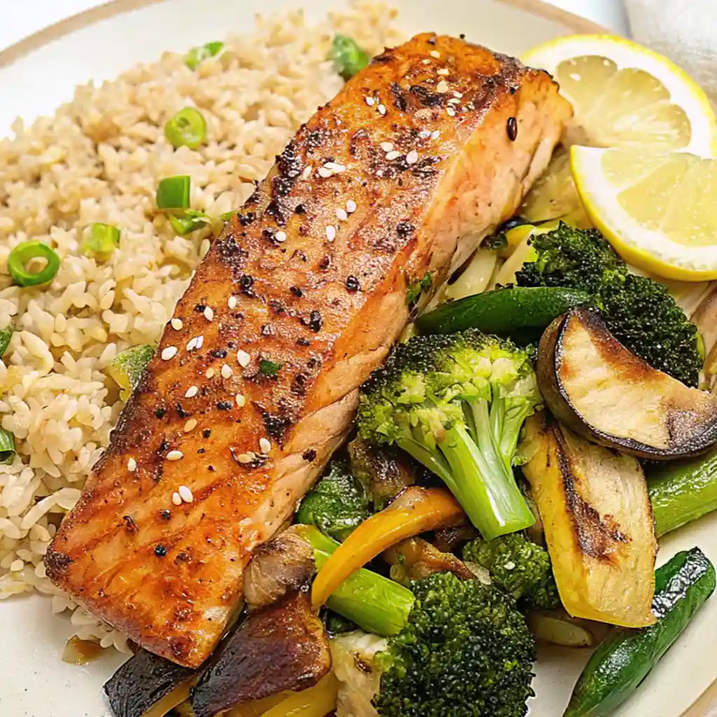 A beautiful plate of Hibachi salmon is served with a side of fried rice mixed with peas, and a generous portion of sautéed vegetables including broccoli and mushrooms, garnished with a lemon wedge.