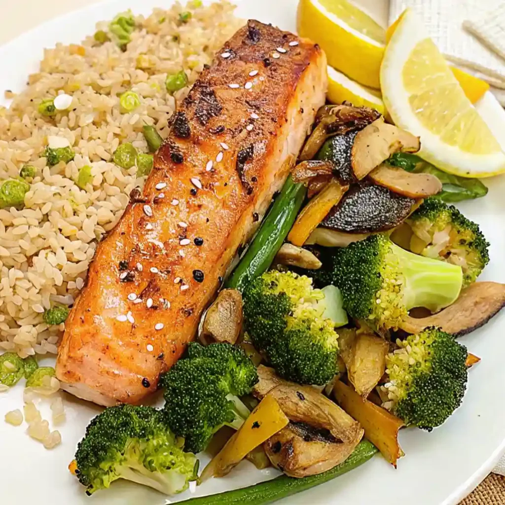 A beautiful plate of Hibachi salmon is served with a side of fried rice mixed with peas, and a generous portion of sautéed vegetables including broccoli and mushrooms, garnished with a lemon wedge.