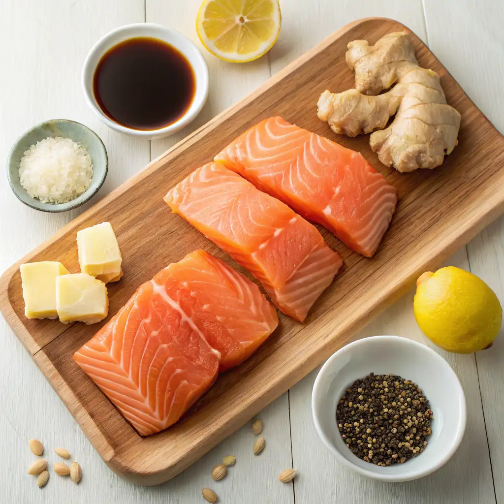 Ingredients for salmon hibachi: two slices of raw salmon, a piece of ginger, lemon slices, soy sauce, butter cubes, minced garlic, and a bowl of black pepper.