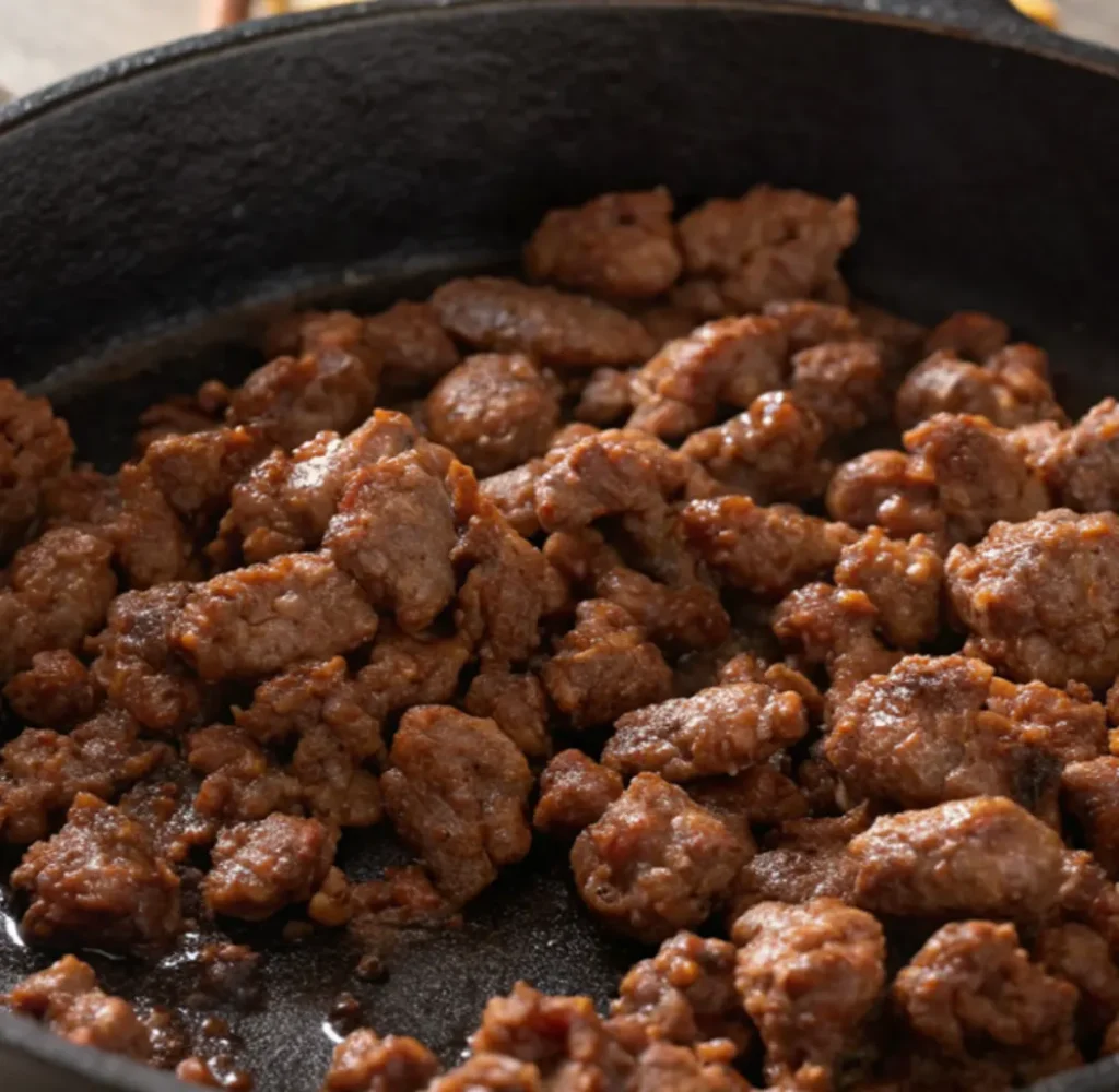Crumbled, browned hot sausage sizzling in a cast iron skillet, ready to be incorporated into a delicious beer cheese dip.