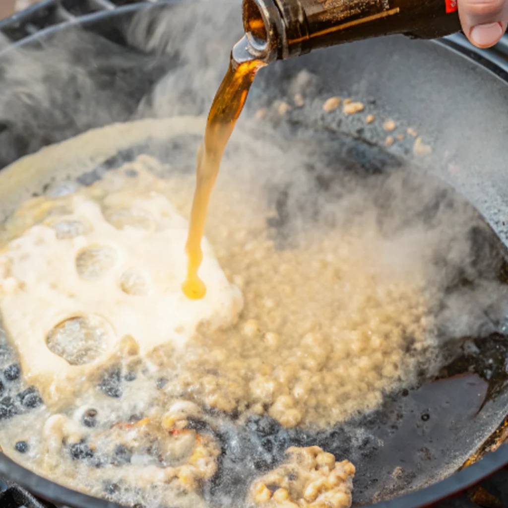 Pour beer from a bottle into a hot skillet containing butter and minced garlic to create a rich, hot beer and sausage sauce.