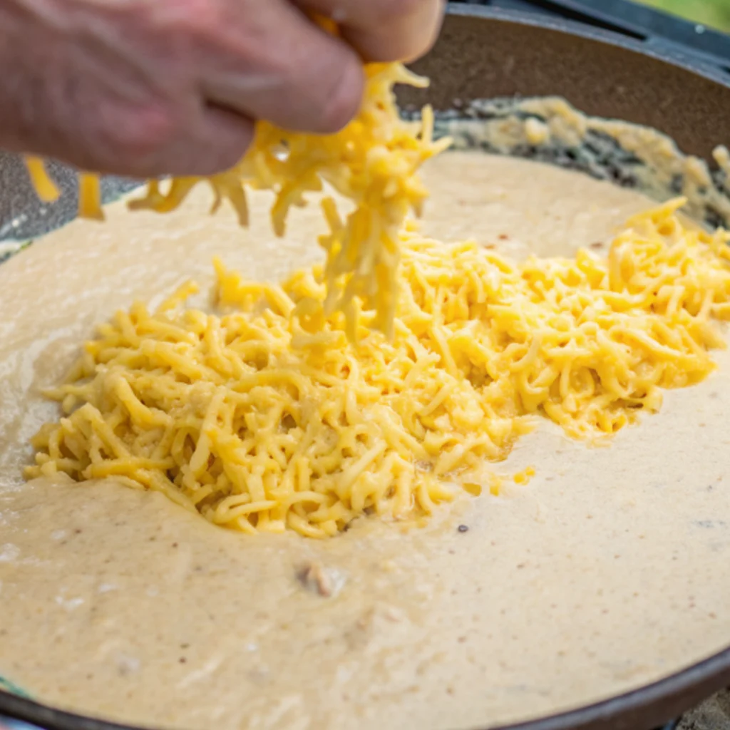 A hand adds a large pile of bright yellow shredded cheddar cheese to the creamy, tan-colored base of a simmering hot sausage beer cheese dip in a cast iron skillet.