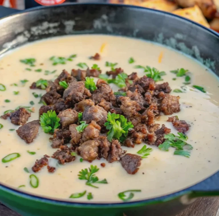A close-up of the finished hot sausage beer cheese dip, served in a black cast iron dish, topped with crumbled browned sausage, fresh parsley, and sliced green onions.