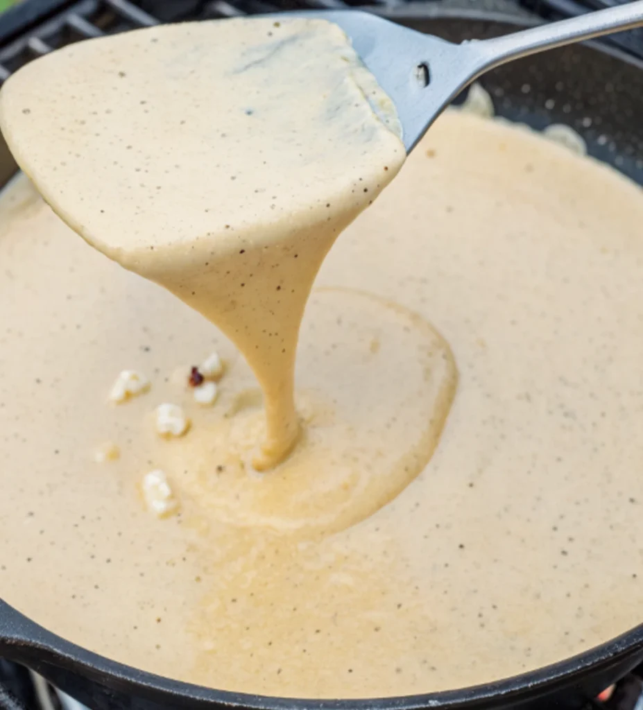 A spatula lifts a portion of the thick, creamy, tan-colored beer cheese dip, demonstrating its smooth, flowing texture as it drips back into the cast iron skillet.