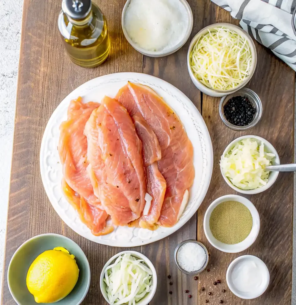 ingredients for Longhorn Parmesan Crusted Chicken recipe: raw chicken breasts, oil, shredded and grated Parmesan cheese, lemon, salt, pepper, garlic, and spices in various small bowls.
