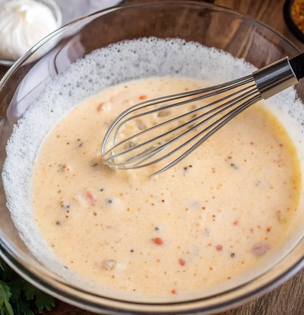 A transparent glass bowl containing a creamy cheese sauce and ranch dressing, sprinkled with spices and small red pieces. There is a metal whisk inside the bowl, which is placed on a wooden surface.