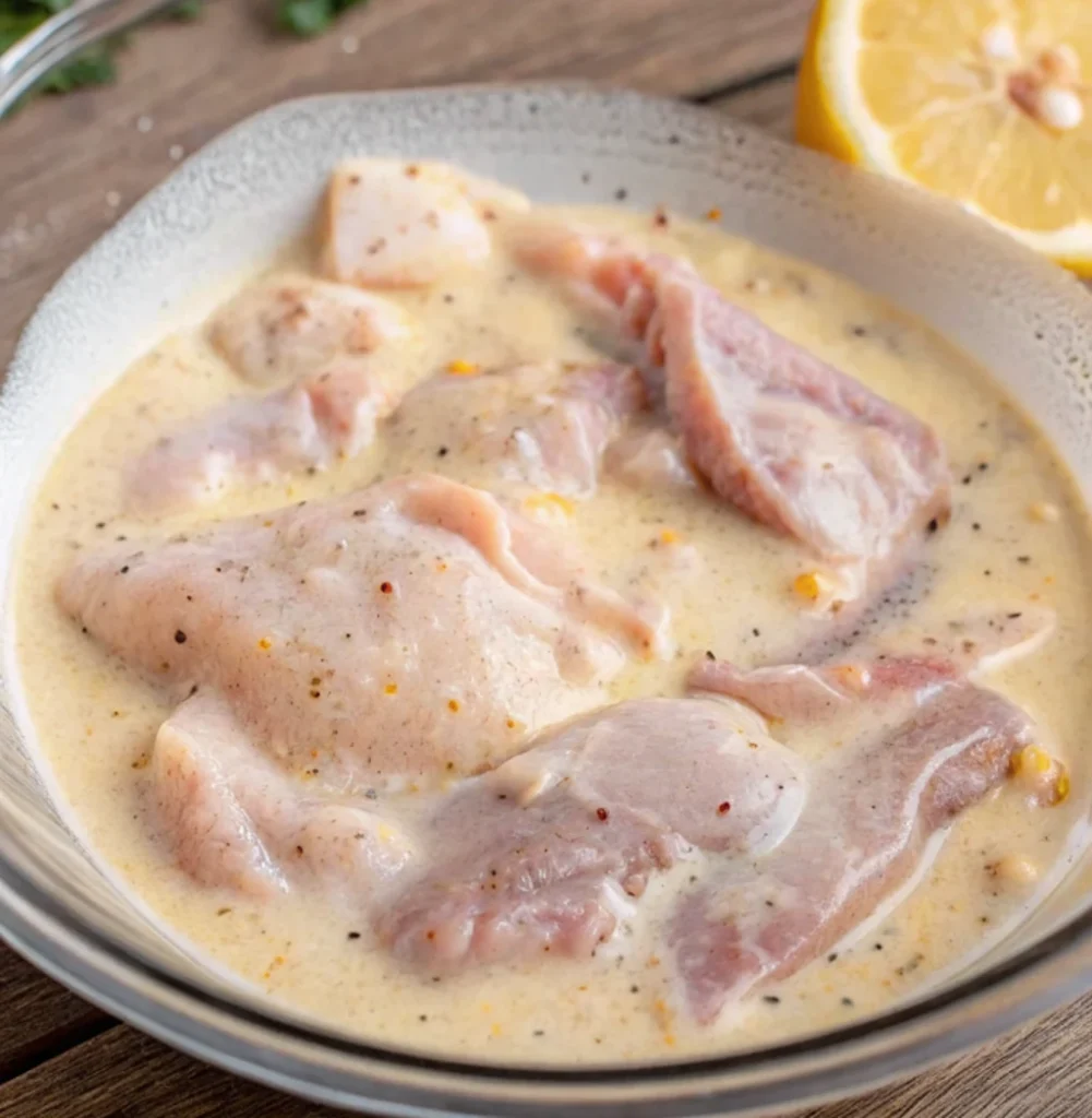 Pieces of raw chicken marinated in a creamy ranch and Italian dressing sauce in a clear glass bowl.