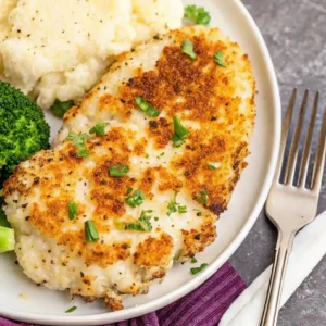 A golden-brown Parmesan-crusted chicken breast is served on a white plate with a side of fluffy cauliflower and green broccoli florets. It is garnished with chopped herbs. for Longhorn Parmesan Crusted Chicken recipe