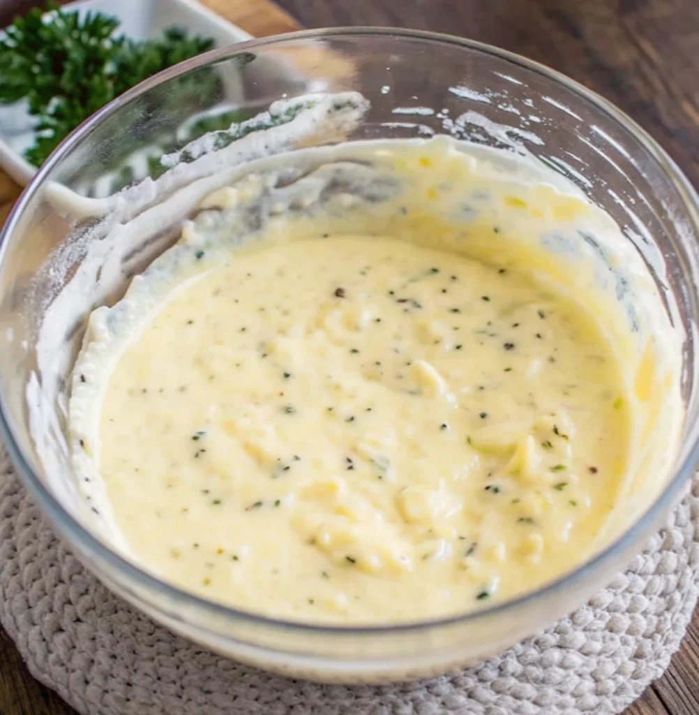A transparent glass bowl containing cheese sauce, ranch dressing, parsley, and spices.