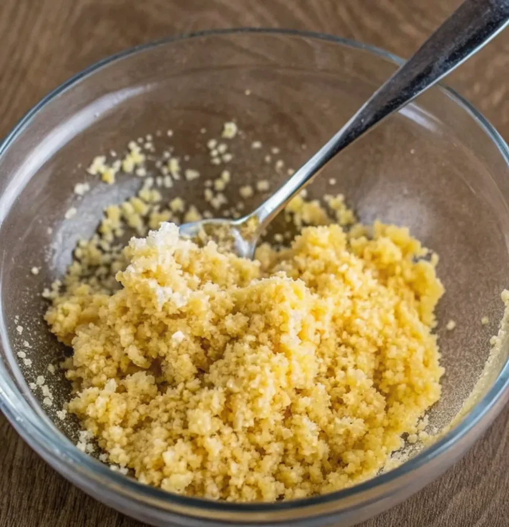 A clear glass bowl containing the mixture of breadcrumbs, butter, garlic powder, and Parmesan cheese. A small metal spoon is in the mixture.